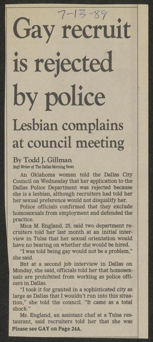 Primary view of object titled '[Clipping: Gay recruit is rejected by police: Lesbian complains at a council meeting]'.