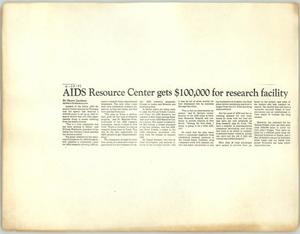 Primary view of object titled '[Clipping: AIDS Resource Center gets $100,000 for research facility]'.
