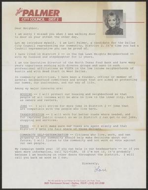 Primary view of object titled '[Letter from Lori Palmer, 1985]'.
