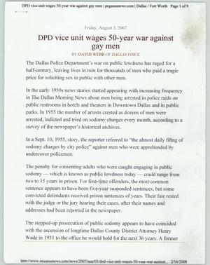 Primary view of object titled '[Clipping: DPD vice unit wages 50-year war against gay men]'.