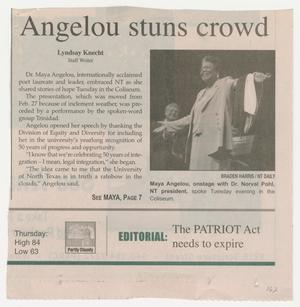 Primary view of object titled '[Clipping: Angelou stuns crowd]'.