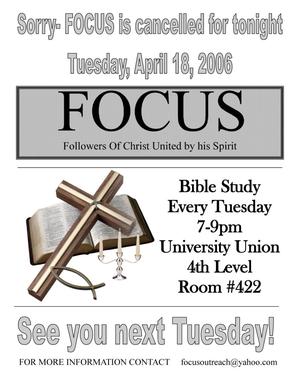 Primary view of object titled '[FOCUS Bible Study cancellation flier]'.