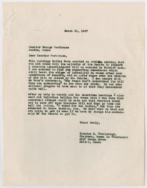 Primary view of object titled '[Letter from Hermine D. Tobolowsky to Senator George Parkhouse, March 21, 1957]'.