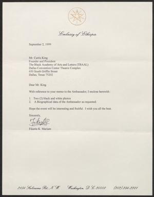 Primary view of object titled '[Letter from Fikerte K. Mariam to Curtis King, September 2, 1999]'.
