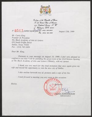 Primary view of object titled '[Letter from Lucien Tonoukoujn to Curtis King, August 12, 1999]'.