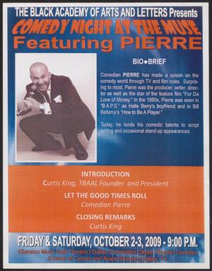 Primary view of object titled '[Flyer: Comedy Night at the Muse Featuring Pierre]'.