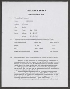 Primary view of object titled '[Award nomination form for Cece Cox]'.