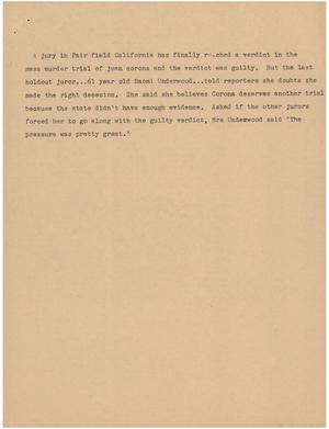 Primary view of object titled '[News Script: Verdict on mass murder trial]'.
