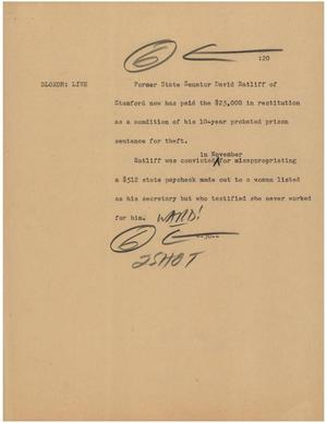 Primary view of object titled '[News Script: Restitution payment]'.