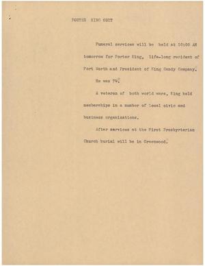 Primary view of object titled '[News Script: Porter King obit]'.