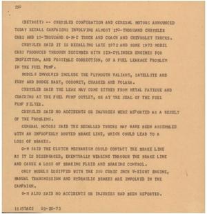 Primary view of object titled '[News Script: Car recalls]'.