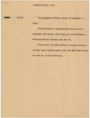 Primary view of object titled '[News Script: Fordham flash dies]'.