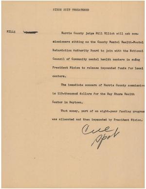 Primary view of object titled '[News Script: Nixon suit threatened]'.
