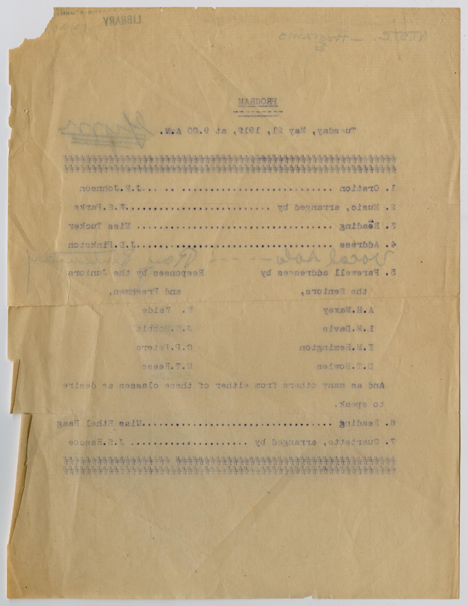 [Commencement Program for North Texas State Normal College, May 21, 1912]
                                                
                                                    [Sequence #]: 2 of 2
                                                