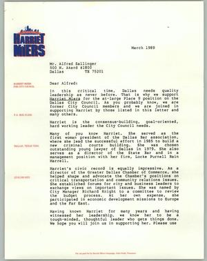 Primary view of object titled '[Letter from Dick Smith, Lee Simpson, and Bill Blackburn to Alfred Sallinger, March 1989]'.