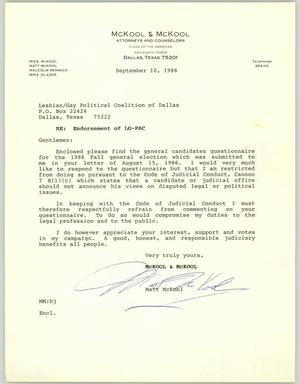 Primary view of object titled '[Letter from Matt McKool to the LGPCD dated September 10, 1986]'.