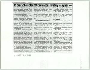 Primary view of object titled '[Clipping: To contact elected officials about military's gay ban]'.