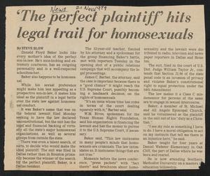 Primary view of object titled '[Clipping: 'The perfect plaintiff' hits legal trail for homosexuals]'.