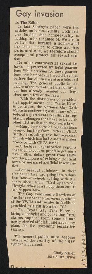 Primary view of object titled '[Clipping: Gay invasion]'.