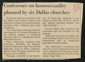 Primary view of object titled '[Clipping: Conference on homosexual planned by six Dallas churches]'.