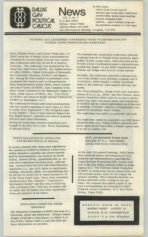 Primary view of object titled 'Dallas Gay Political Caucus News, Volume 1, Number 8'.