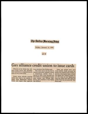 Primary view of object titled '[Clipping: Gay alliance credit union to issue cards]'.
