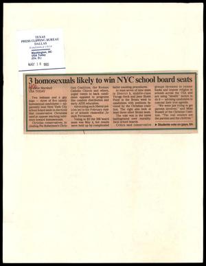 Primary view of object titled '[Clipping: 3 homosexuals likely to win NYC school board seats]'.