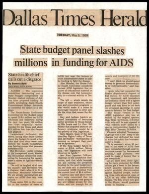 Primary view of object titled '[Clipping: State budget panel slashes millions in funding for AIDS]'.
