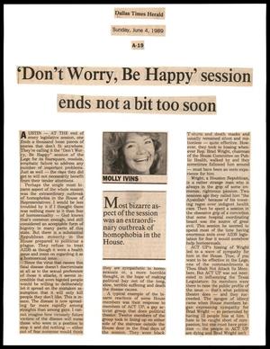Primary view of object titled '[Clipping: 'Don't worry, be happy' session ends not a bit too soon]'.