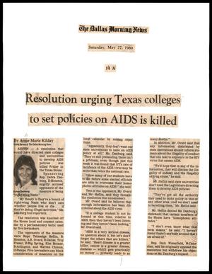Primary view of [Clipping: Resolution urging Texas colleges to set policies on AIDS is killed]