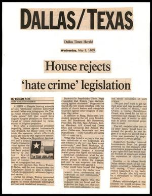 Primary view of object titled '[Clipping: House rejects 'hate crime' legislation]'.