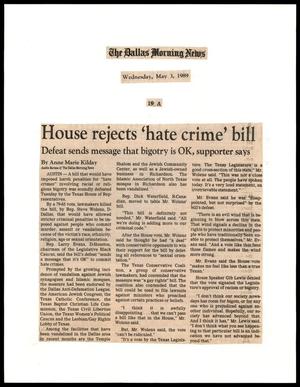 Primary view of object titled '[Clipping: House rejects 'hate crime' bill]'.