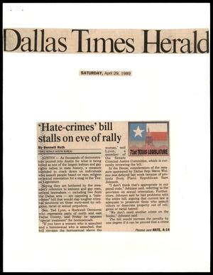 Primary view of object titled '[Clipping: 'Hate-crmies' bill stalls on eve of rally]'.