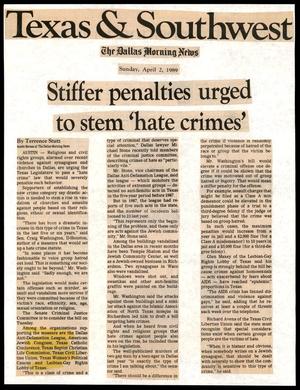 Primary view of object titled '[Clipping: Stiffer penalties urged to stem 'hate crimes']'.