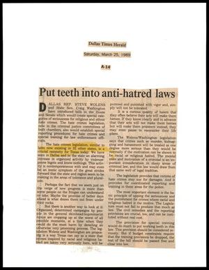 Primary view of object titled '[Clipping: Put teeth into anti-hatred laws]'.