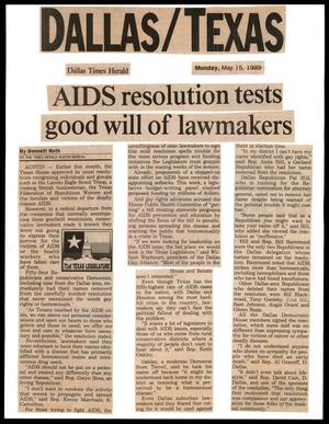 Primary view of object titled '[Clipping: AIDS resolution tests good will of lawmakers]'.