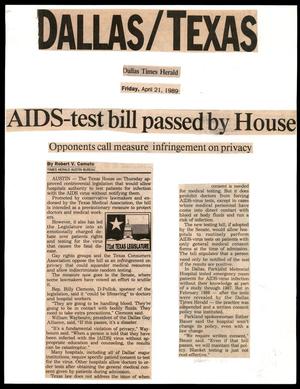 Primary view of object titled '[Clipping: AIDS-test bill passed by House]'.