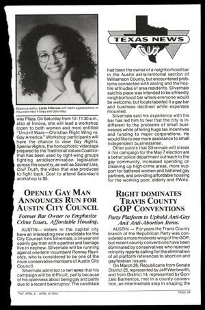 Primary view of object titled '[Clipping: Openly gay man announces run for Austin city council]'.