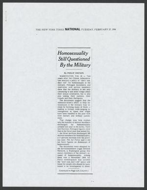 Primary view of object titled '[Clipping: Homosexuality still questioned by the military]'.