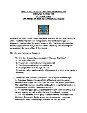 Primary view of object titled '[TXSSAR McKinney Chapter #63 board meeting minutes: March 13, 2012]'.