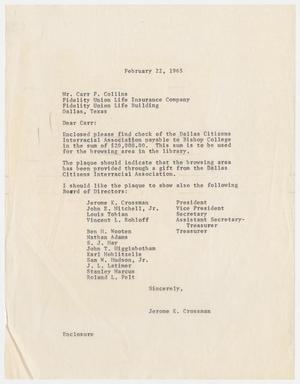 Primary view of object titled '[Letter from Jerome K. Crossman to Carl P. Collins, February 22, 1965]'.