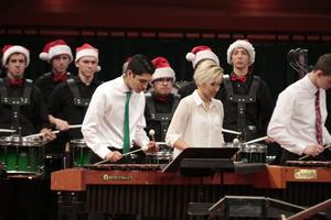 Primary view of object titled '[Drummers and xylophone players at the Percussion Holiday Performance]'.