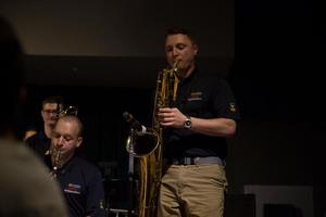 Primary view of object titled '[Saxophone player at the Jazz Ambassadors Syndicate Performance]'.