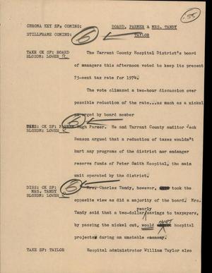 Primary view of object titled '[News Script: Board, Parmer & Mrs. Tandy Taylor]'.
