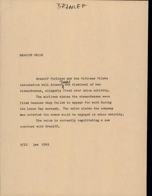 Primary view of object titled '[News Script: Braniff Union]'.