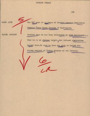 Primary view of object titled '[News Script: Jackson Threat]'.