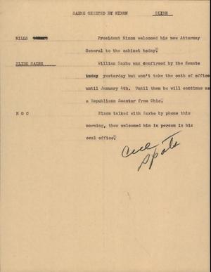 Primary view of object titled '[News Script: Saxbe greeted by Nixon]'.