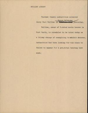 Primary view of object titled '[News Script: Mullins Arrest]'.