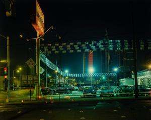Primary view of object titled '[Used car lot in Fort Worth at night]'.