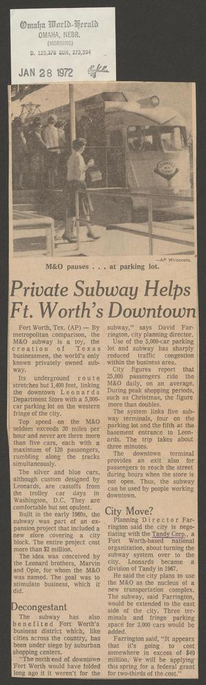 Primary view of object titled '[Clipping: Private Subway Helps Ft. Worth's Downtown]'.